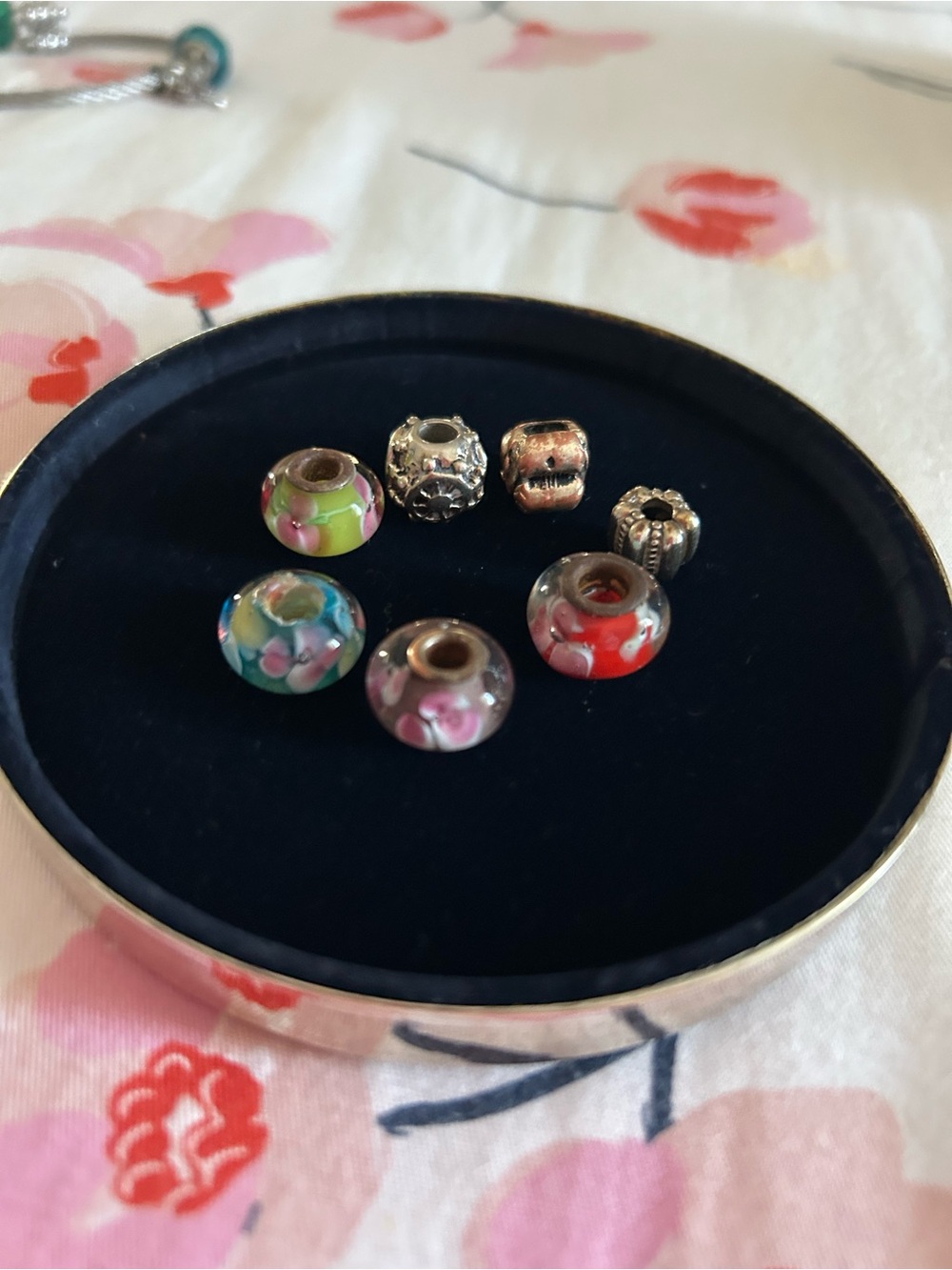 Pandora Murano and S Floral Glass & Silver Spacer Beads - Pink, Green, Blue, Red